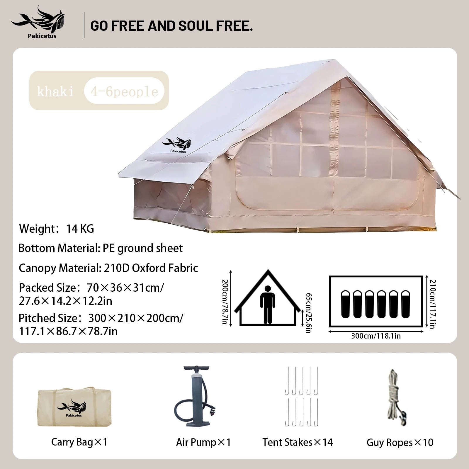 Pakicetus Quick Setup Inflatable Camping Tent, Waterproof Family Tent for 4-8 Portable Air Tent with Carry Bag
