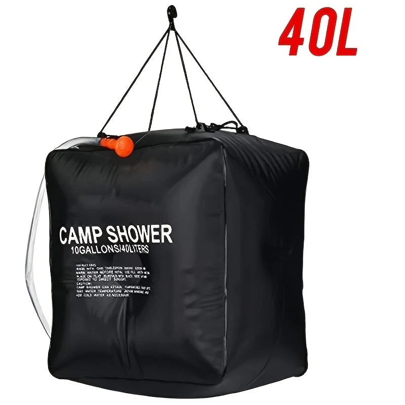 40L Camping Shower Bag. Portable outdoor water bag with large capacity and adjustable shower head, suitable for camping and hiki