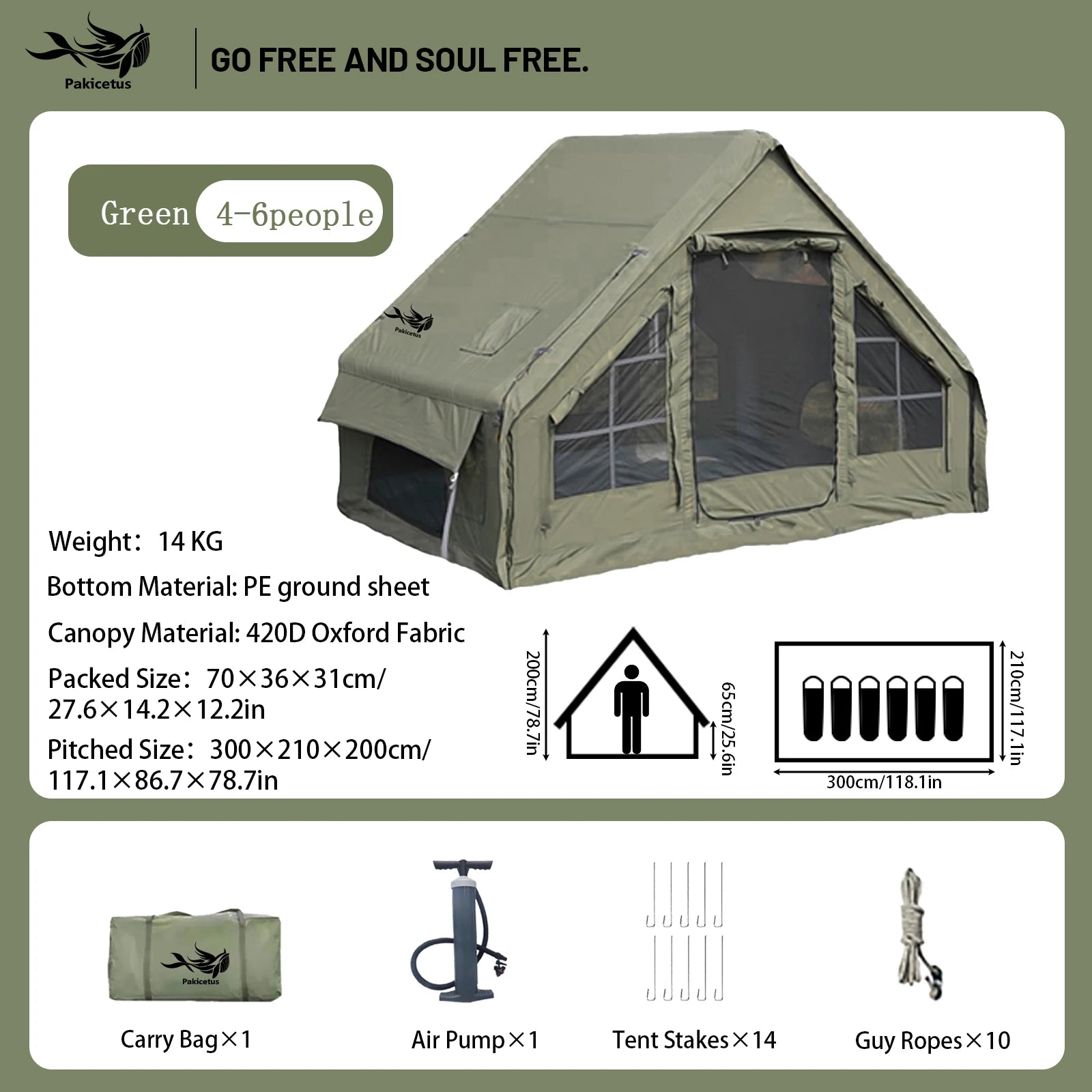 Pakicetus Quick Setup Inflatable Camping Tent, Waterproof Family Tent for 4-8 Portable Air Tent with Carry Bag