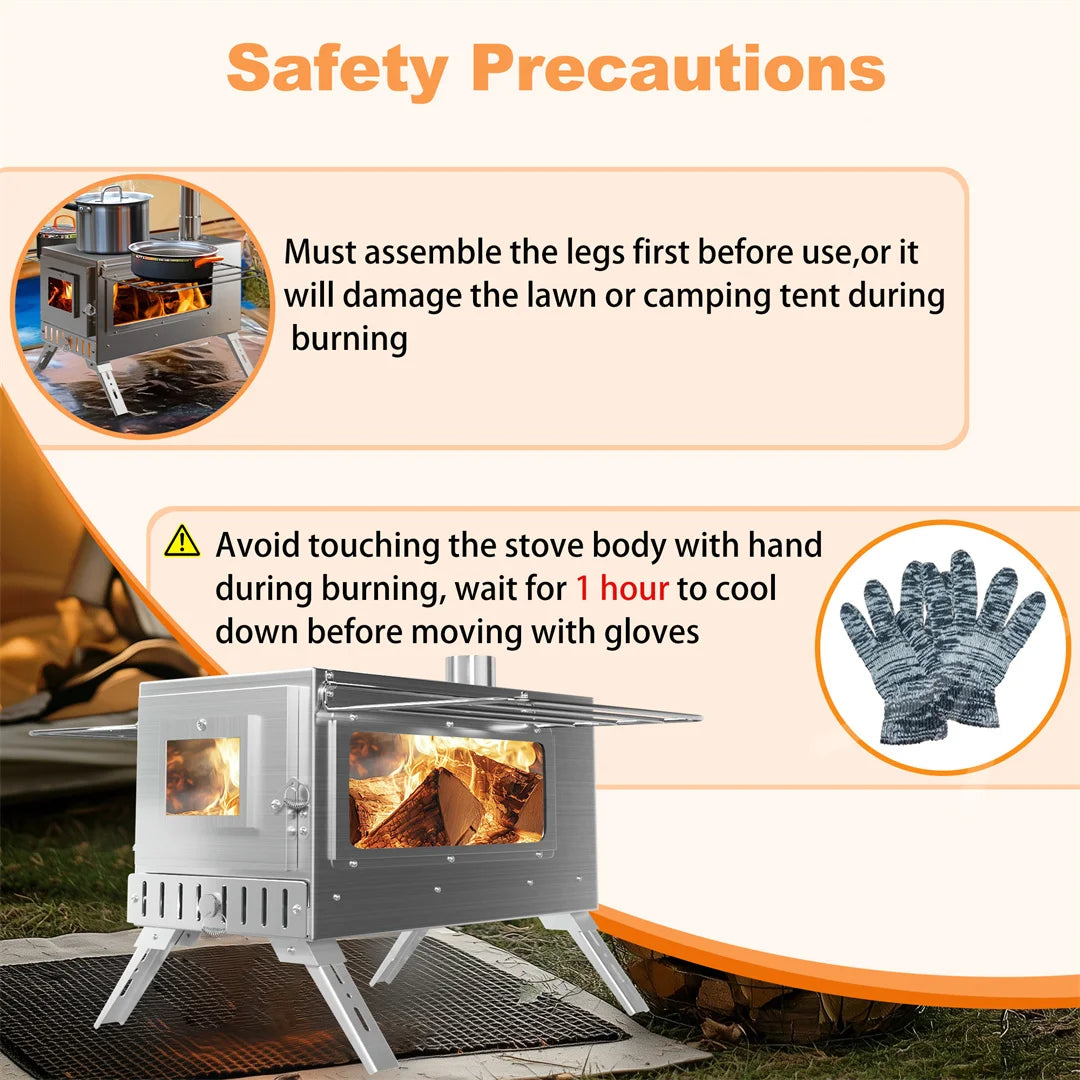 Portable Tent Wood Burning Stove with 6 Stainless Chimney Pipes for Outdoor Heating & Cooking