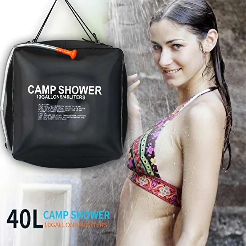 40L Camping Shower Bag. Portable outdoor water bag with large capacity and adjustable shower head, suitable for camping and hiki