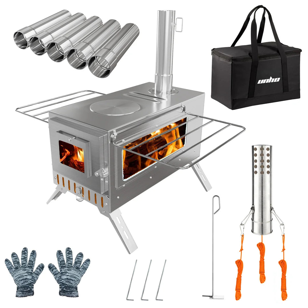Portable Tent Wood Burning Stove with 6 Stainless Chimney Pipes for Outdoor Heating & Cooking