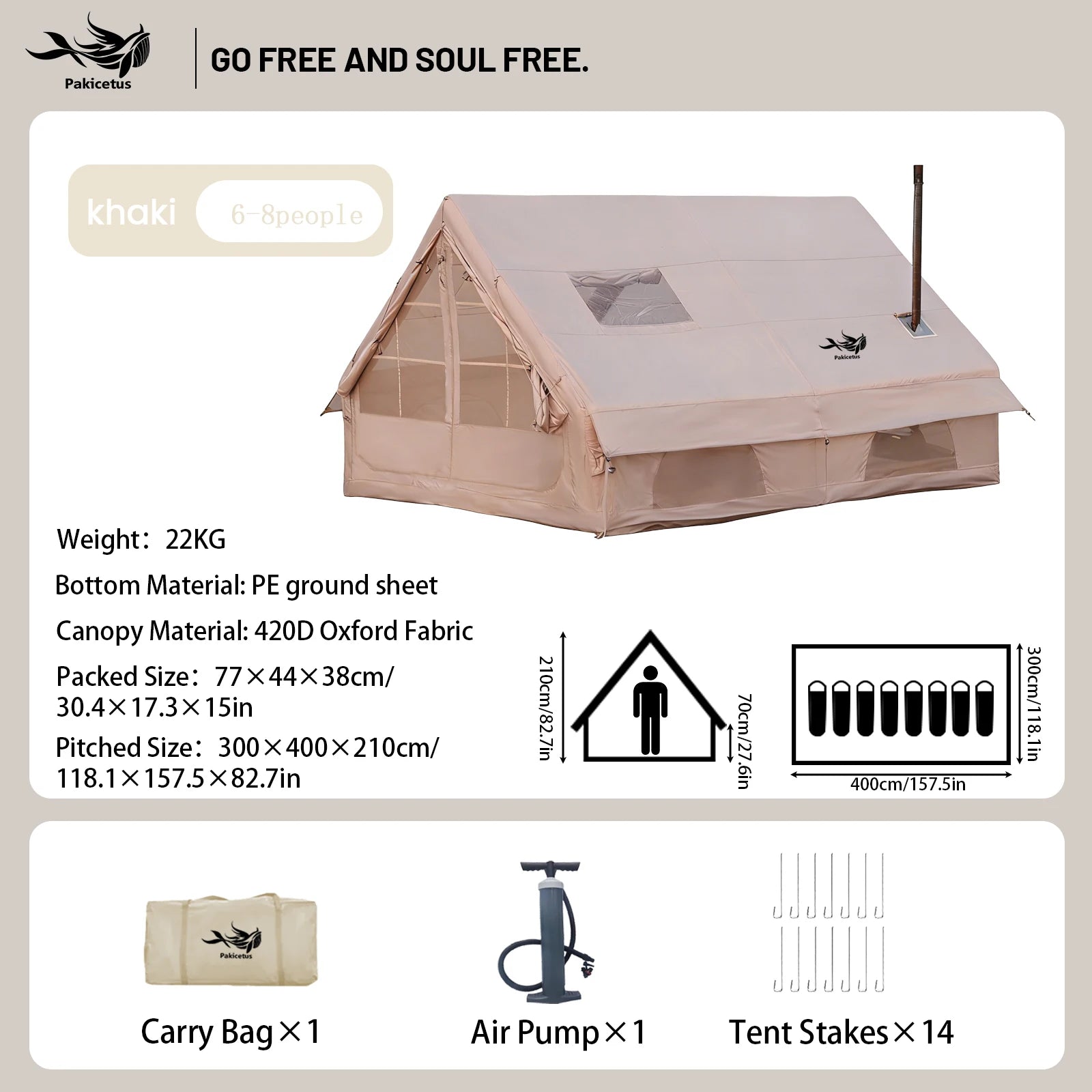 Pakicetus Quick Setup Inflatable Camping Tent, Waterproof Family Tent for 4-8 Portable Air Tent with Carry Bag