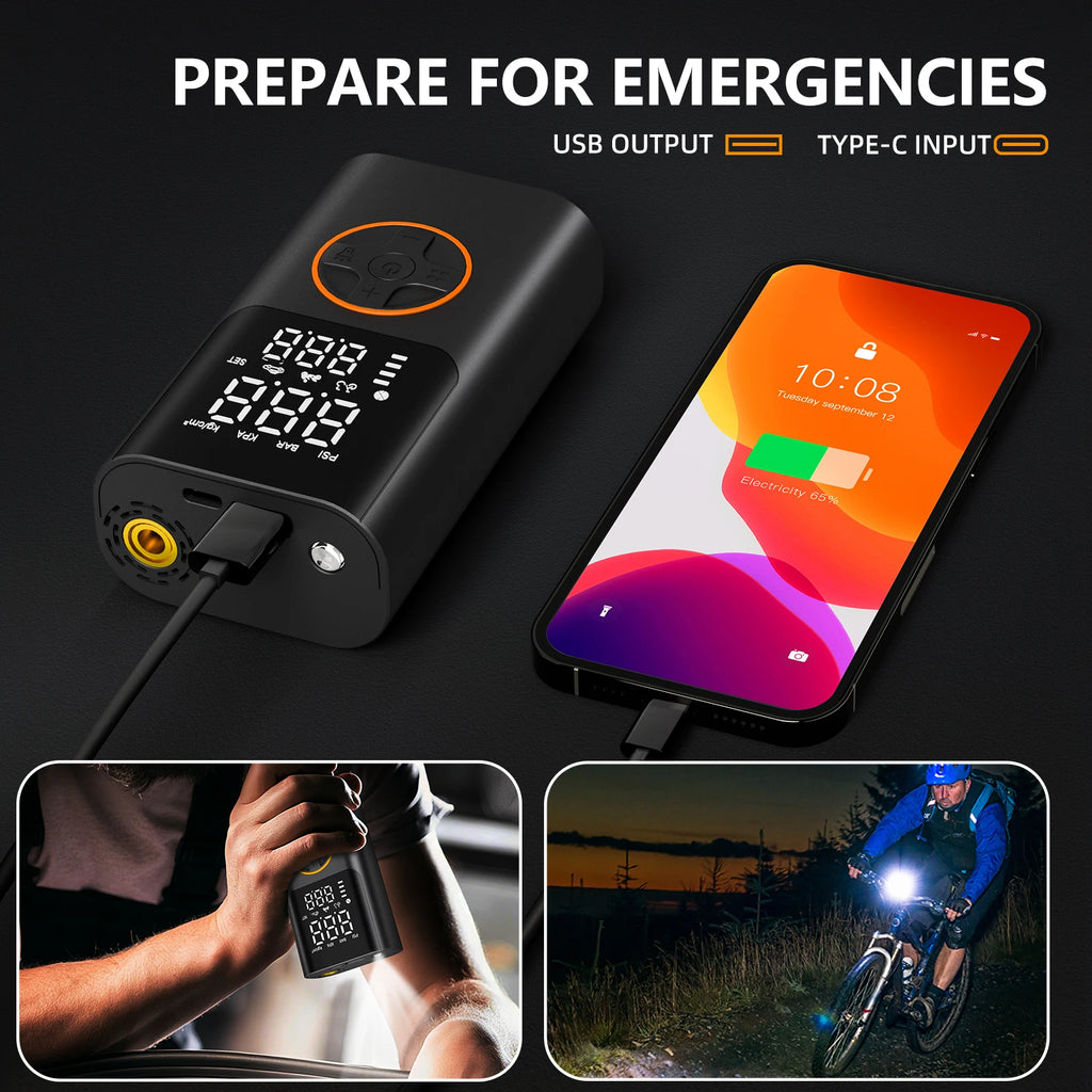Portable Air Pump Set with Power Bank, 150PSI Tire Inflator Kit for SUV Motorcycle Bike, LED Light & Storage Bag