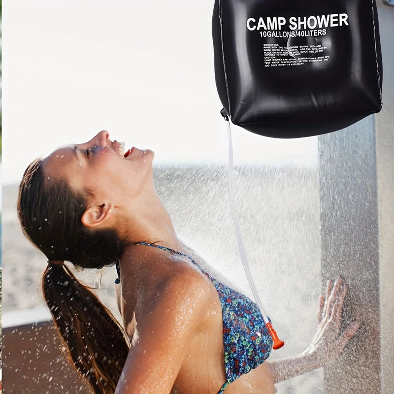 40L Camping Shower Bag. Portable outdoor water bag with large capacity and adjustable shower head, suitable for camping and hiki