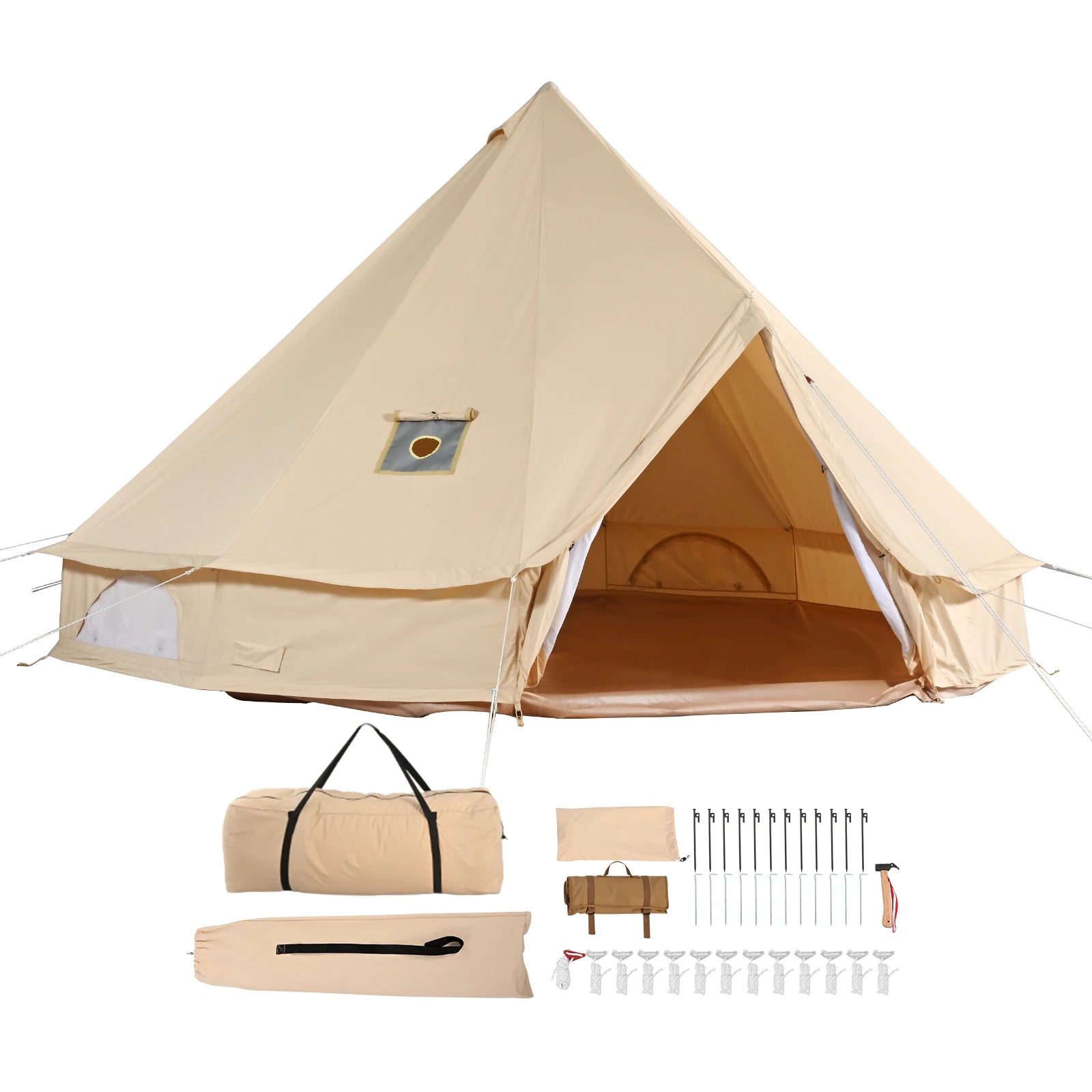 SucceBuy Canvas Bell Tent 4 Seasons 3/4/5/7m Yurt Tent Canvas Tent for Camping with Stove Breathable Tent Holds up to 8People