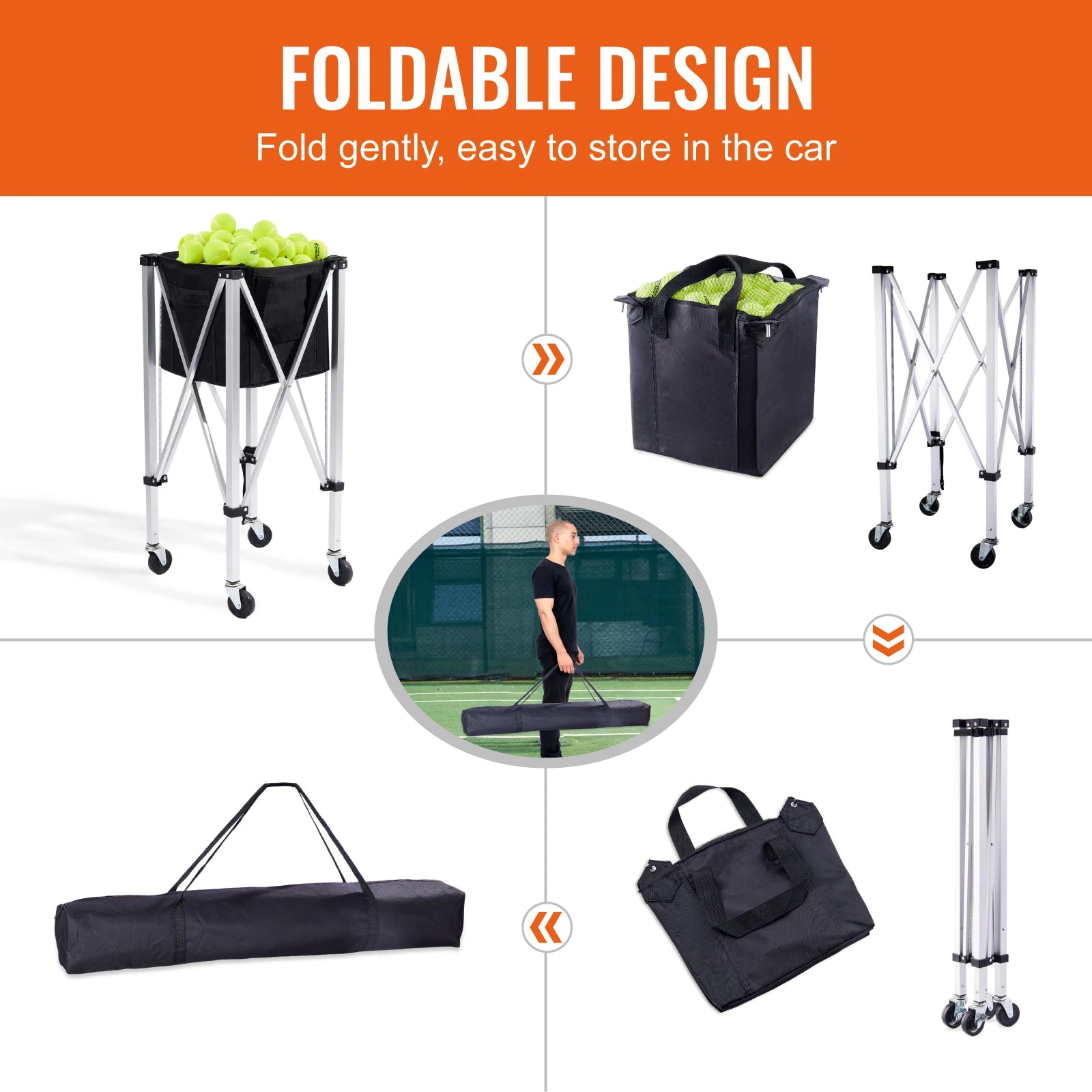 SucceBuy Foldable Tennis /Pickle Ball Cart Holds 150/180 Tennis Balls Basket Hopper with Wheels for Sports Teaching Baseball Trolley