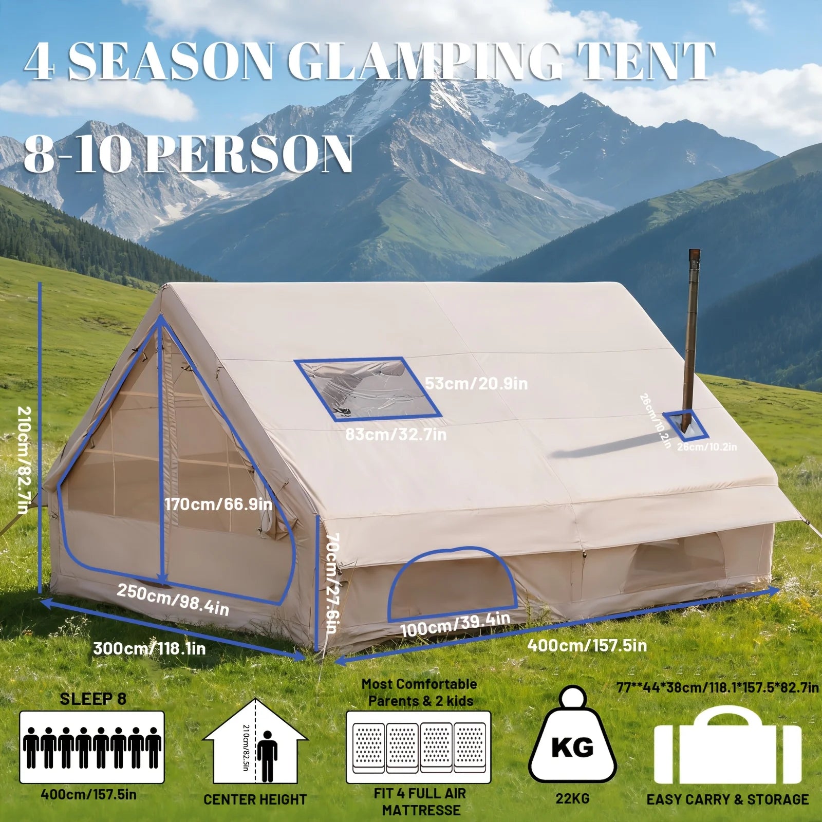 Large Inflatable Camping Tent with Skylight, Quick Air-Flow & Breathable Mesh Design, Summer Glamping Tents