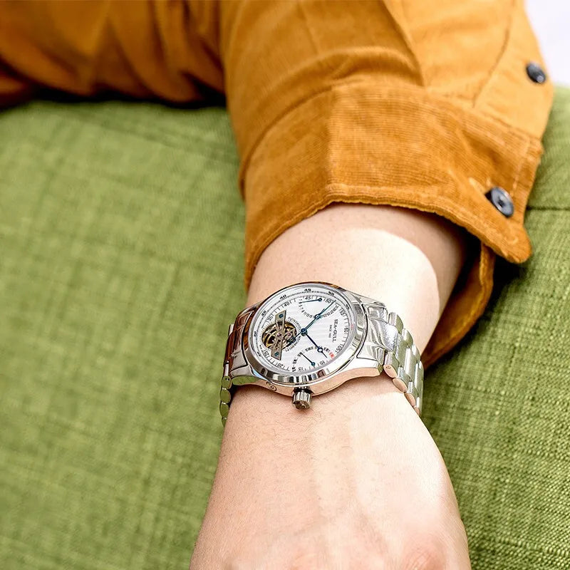 2025 Seagull Men's Automatic Mechanical Watch Multifunction Dial Calendar Sapphire Steel Band Men's Wristwatch M163S