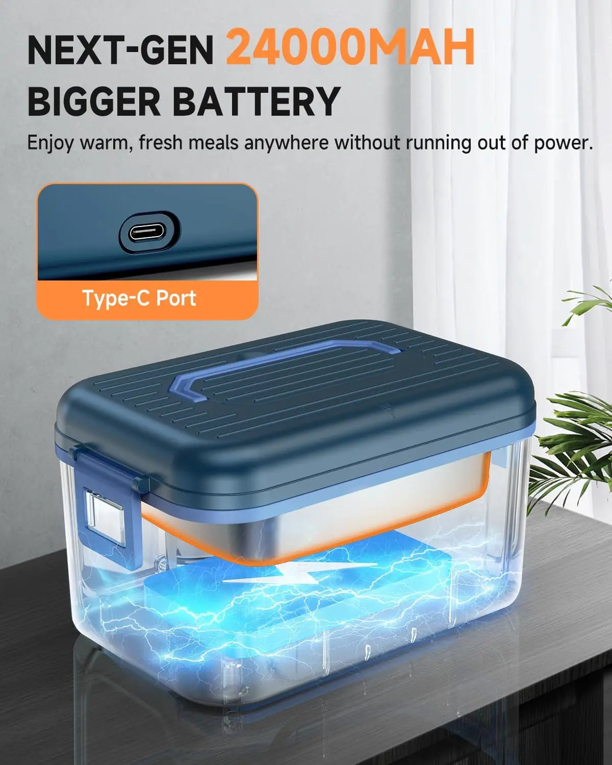 Cordless Electric Lunch Box,1.6L 24000mAh Rechargeable Heated Lunch Box with Ice Crystal Box,24 Hours Self Heating Lunchbox
