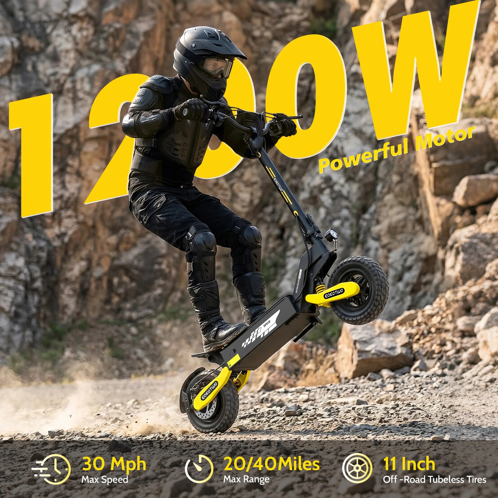 EOEOTWO 1200W Off Road Electric Scooter for Adults 48V Long Range E-Scooter 30MPH Fast Speed 11" Tubeless Tire Foldable Kick Scooter