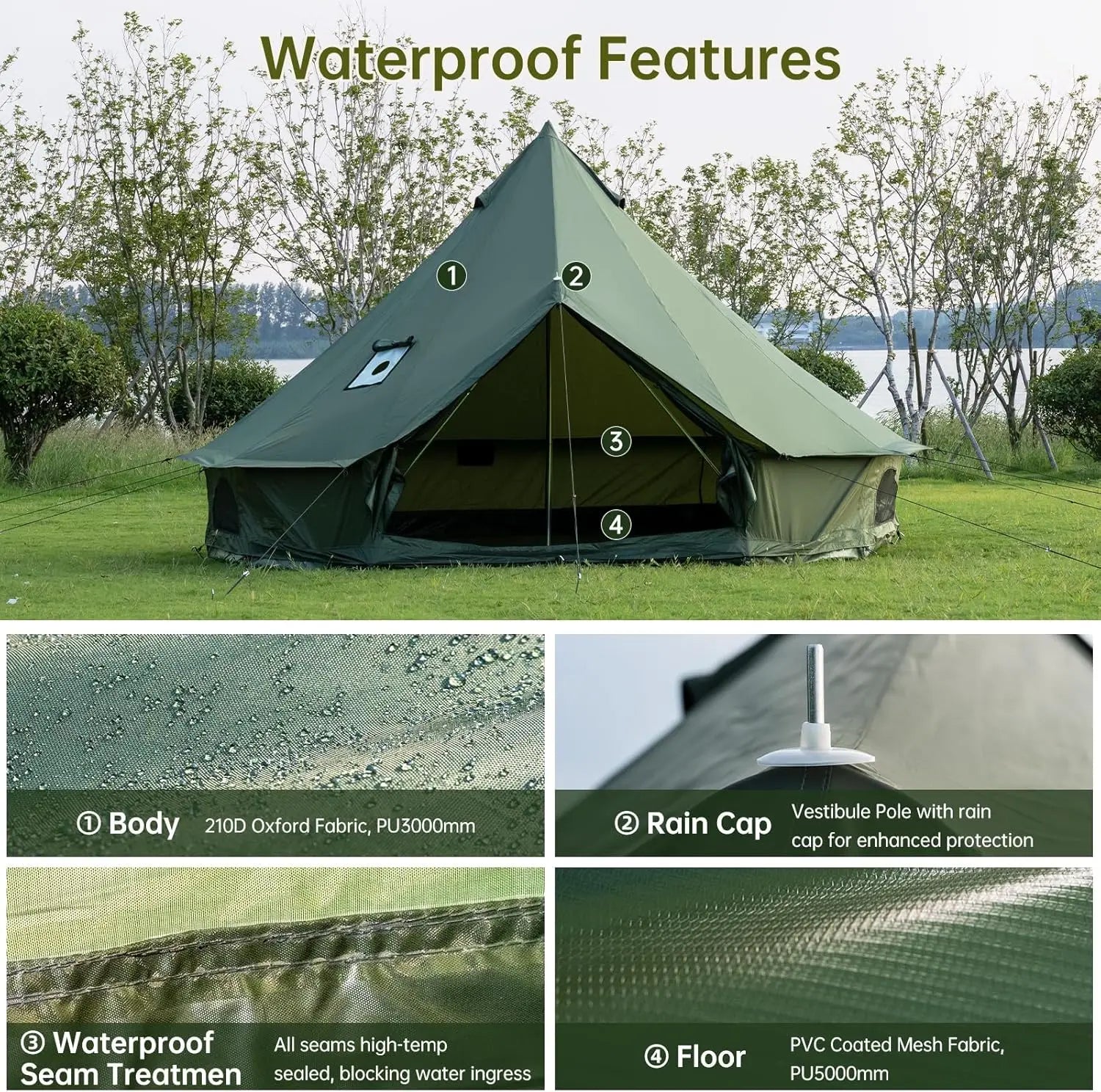 Family Camping Oxford Bell Tent, Oxford Material, Brown Color, Spacious, 4 Season, Stove Jack