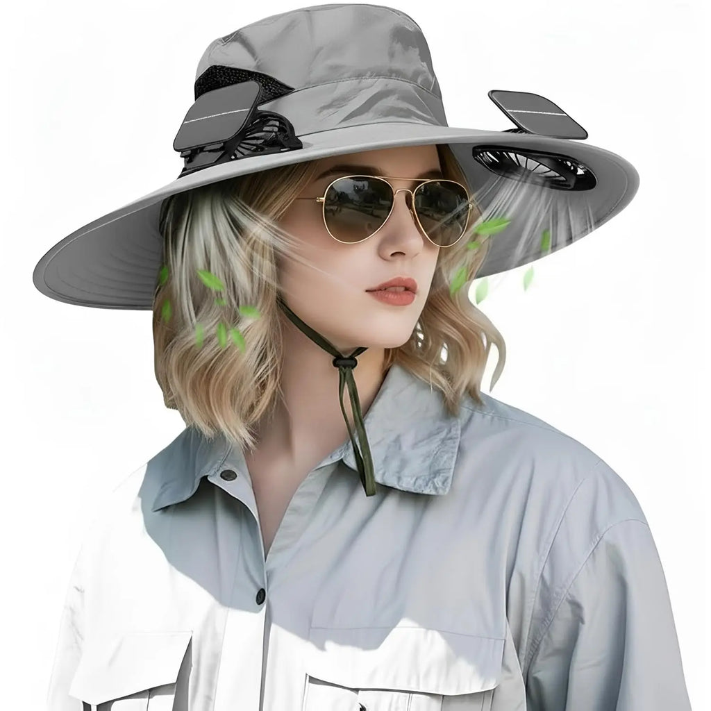 Hands Free Solar Fan Sun Hat UPF 50+ Wide Brim Breathable Windproof Adjustable Bucket Hat For Fishing Camping Hiking Beach Summer Safari Gardening