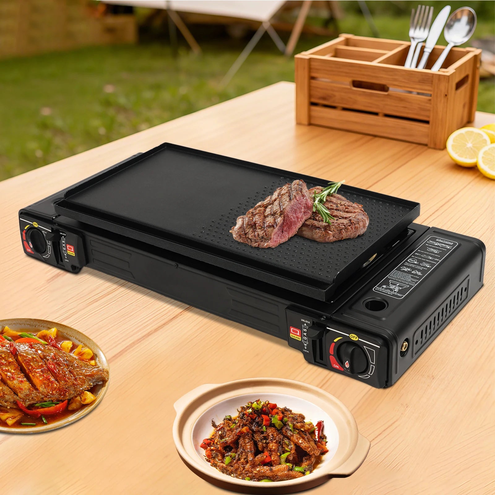 2in1 2-Burner Portable Camping Stove Kit w/Baking Pan Carrying Case, Auto Ignition LPG