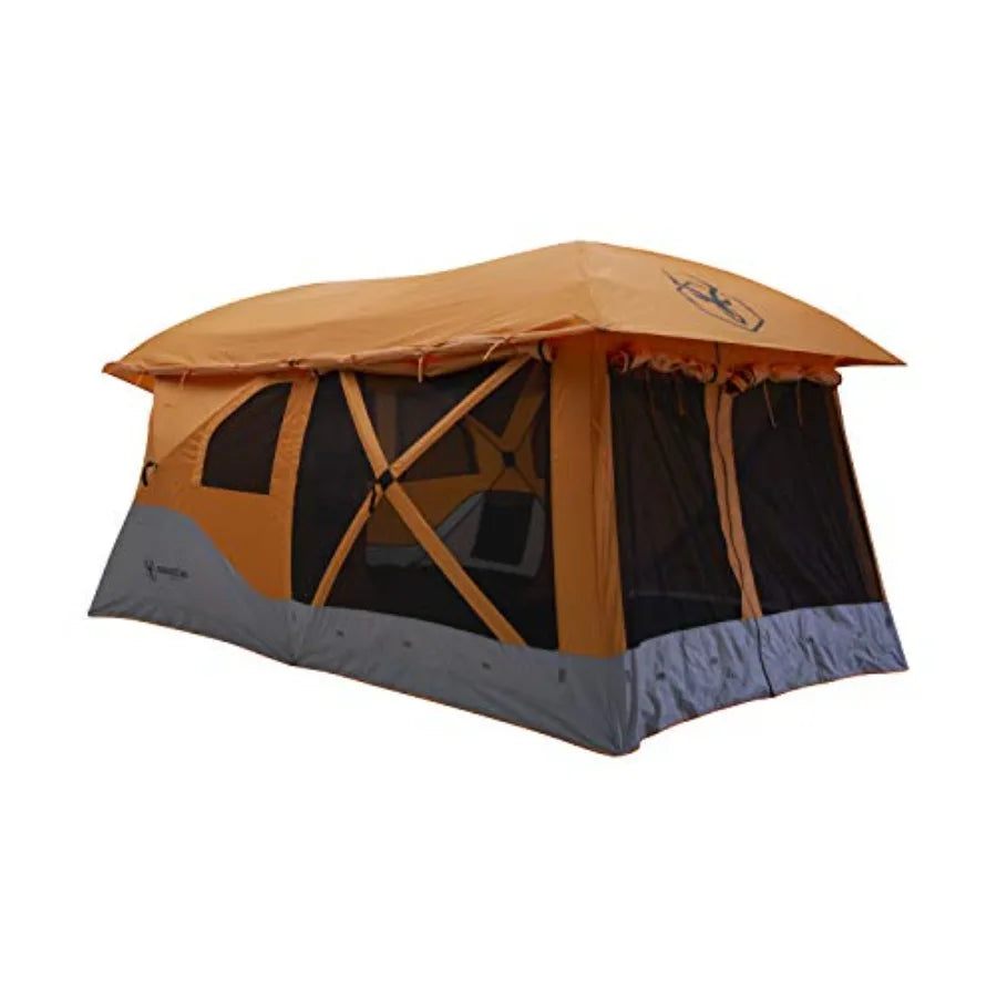 Camping shelter for 4-8 persons, polyester fabric, orange, pop-up setup with rain fly and extended screened sun room