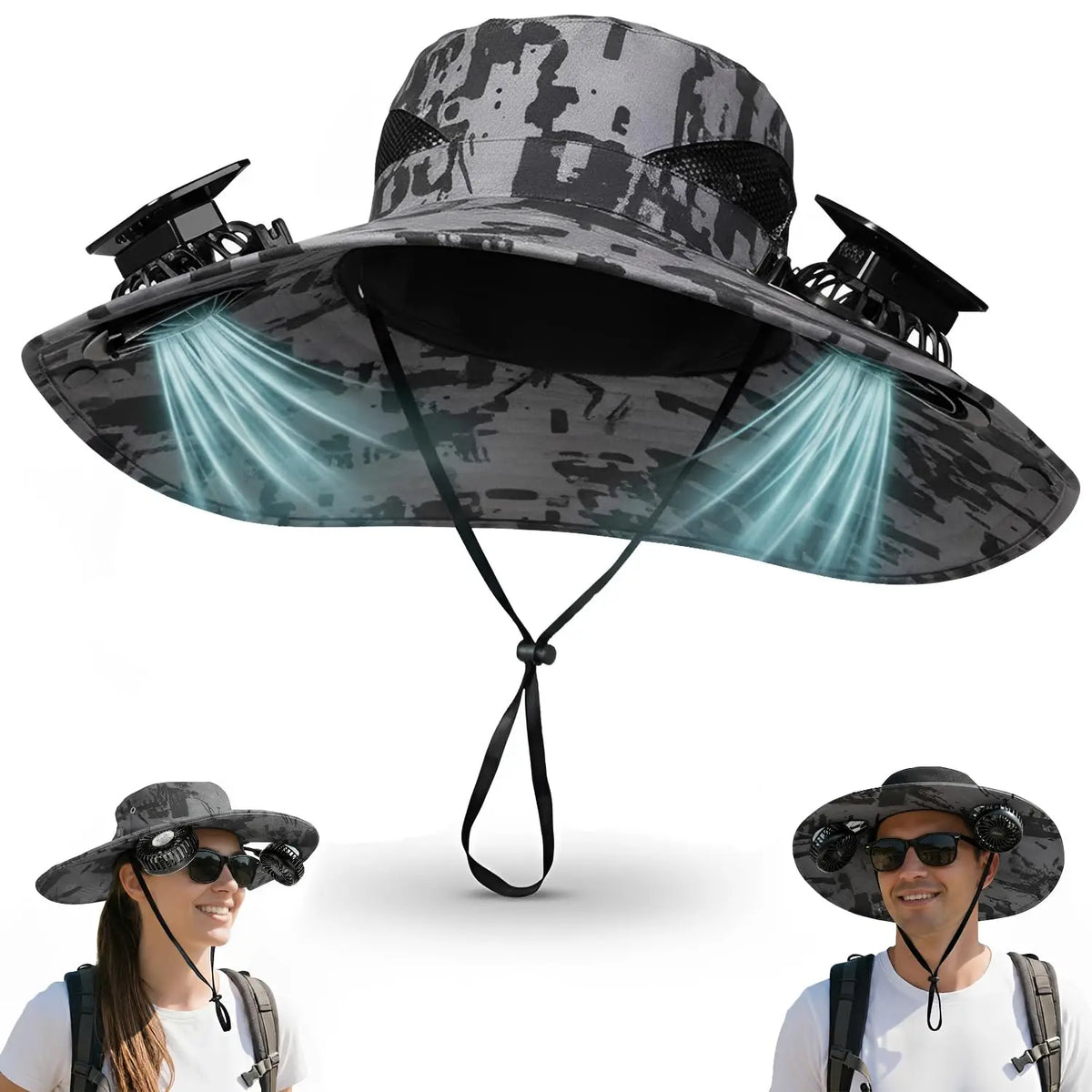 Hands Free Solar Fan Sun Hat UPF 50+ Wide Brim Breathable Windproof Adjustable Bucket Hat For Fishing Camping Hiking Beach Summer Safari Gardening