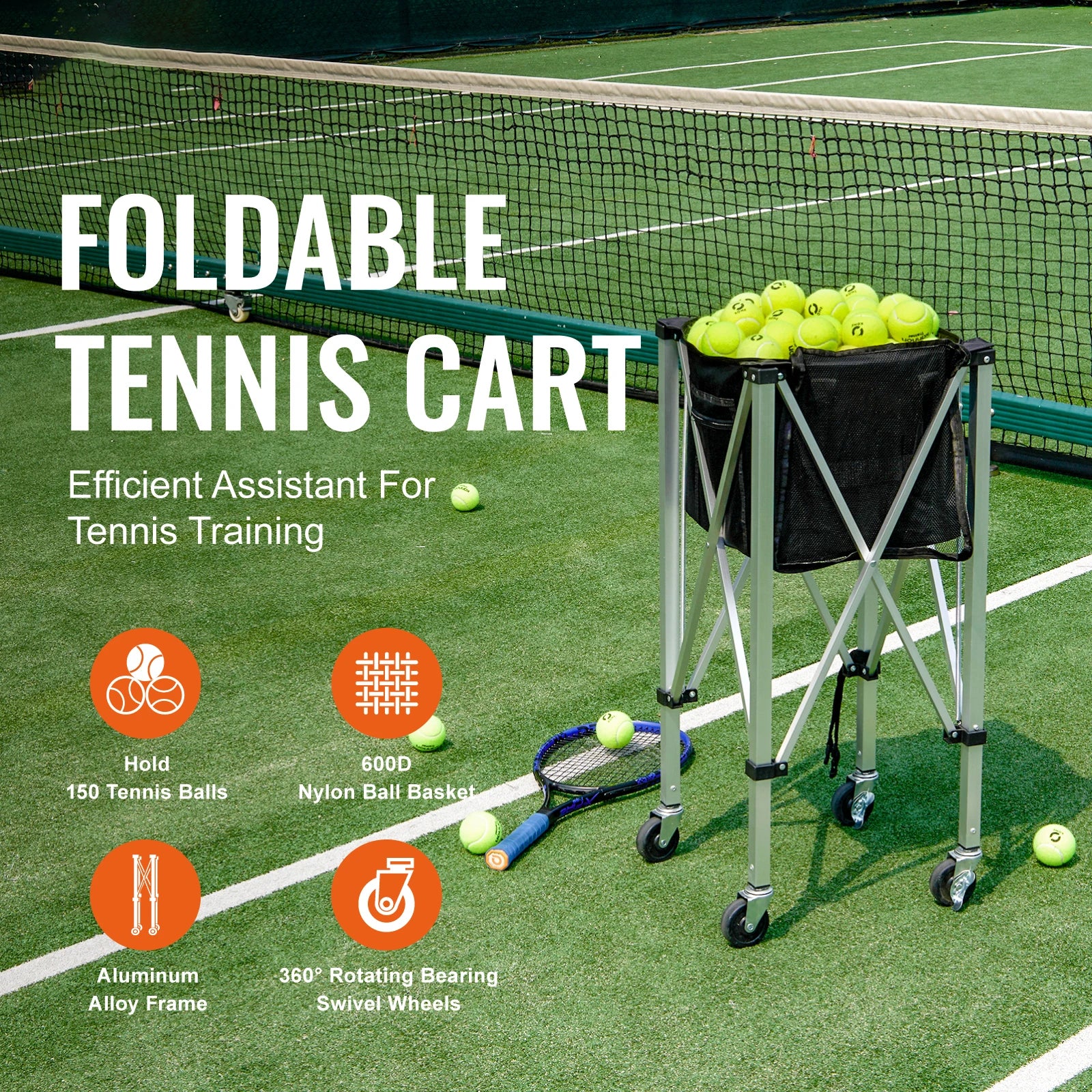 SucceBuy Foldable Tennis /Pickle Ball Cart Holds 150/180 Tennis Balls Basket Hopper with Wheels for Sports Teaching Baseball Trolley