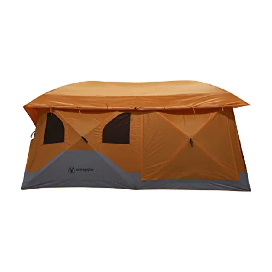 Camping shelter for 4-8 persons, polyester fabric, orange, pop-up setup with rain fly and extended screened sun room