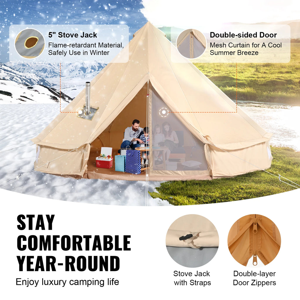 SucceBuy Canvas Bell Tent 4 Seasons 3/4/5/7m Yurt Tent Canvas Tent for Camping with Stove Breathable Tent Holds up to 8People