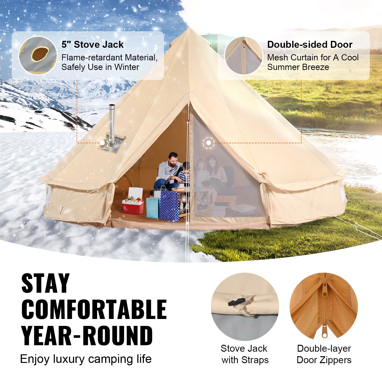 SucceBuy Canvas Bell Tent 4 Seasons 3/4/5/7m Yurt Tent Canvas Tent for Camping with Stove Breathable Tent Holds up to 8People