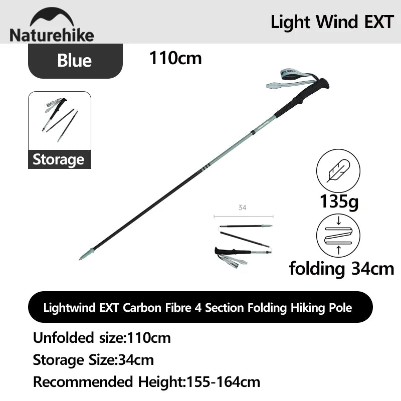 Naturehike Lightwind Ext-Carbon Fibre 4-Section Folding Hiking ultra-Lightweight Portable Poles