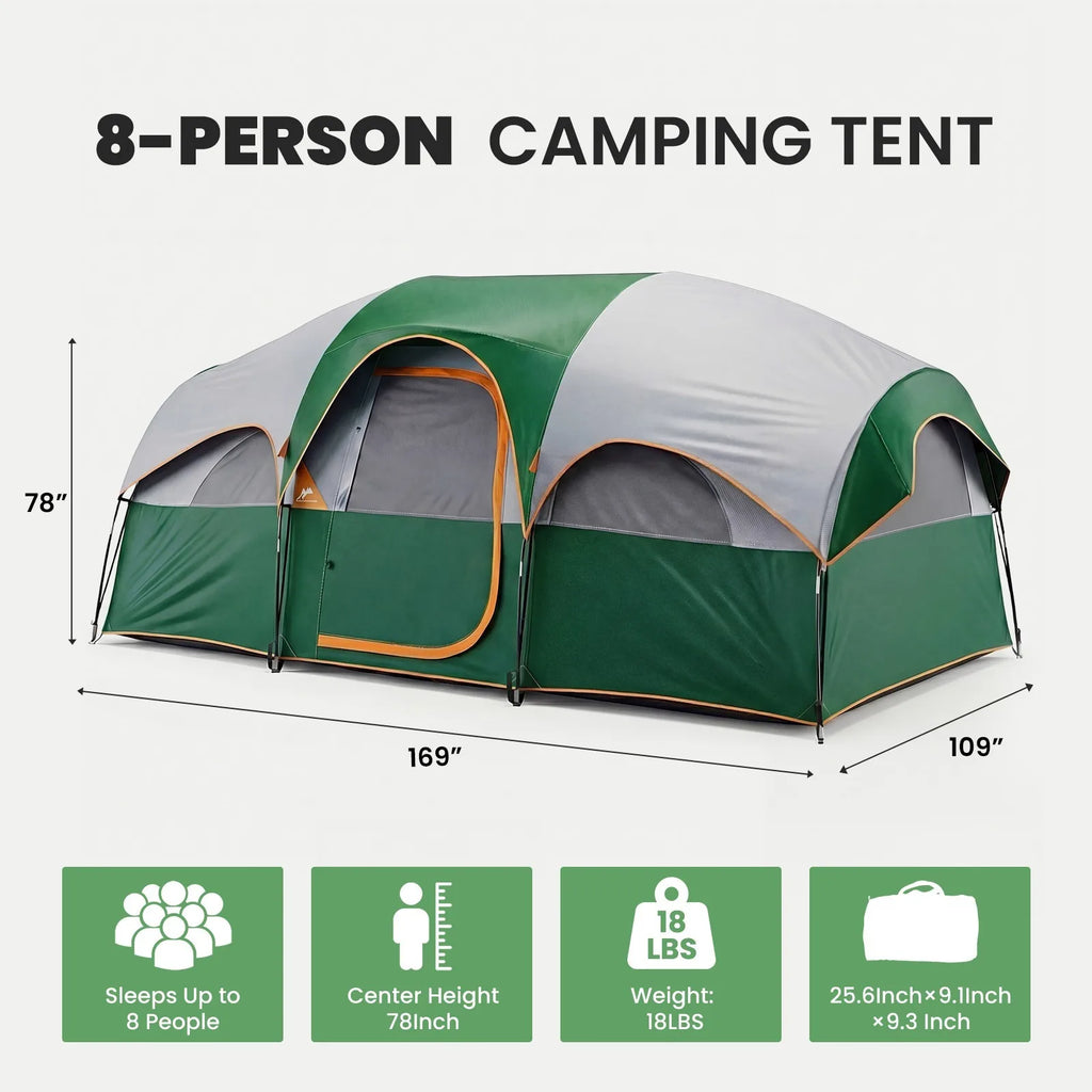 8-Person Family Camping Tent with Room Divider - Standing Height Cabin Tent with Mesh Roof, Easy Setup Large Tent for Car Camping, Outdoor Adventures