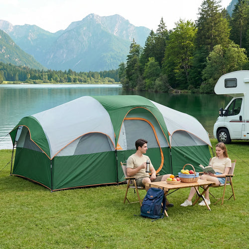 8-Person Family Camping Tent with Room Divider - Standing Height Cabin Tent with Mesh Roof, Easy Setup Large Tent for Car Camping, Outdoor Adventures