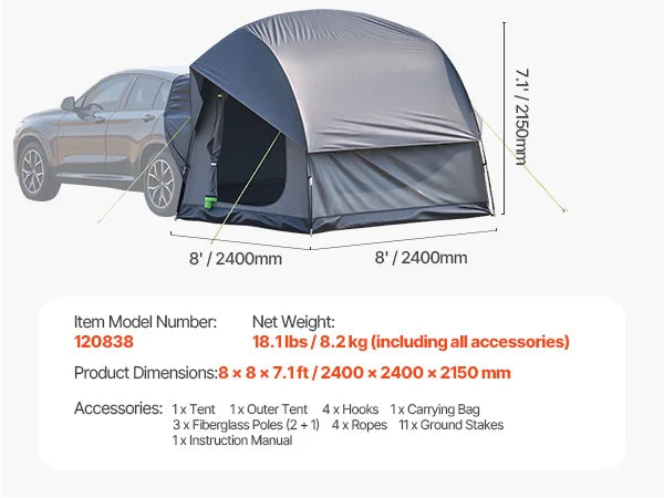 SucceBuy SUV Tent Waterproof PU2000mm Spacious Double Layer Design SUV Camping Shade Awning , Mesh Windows