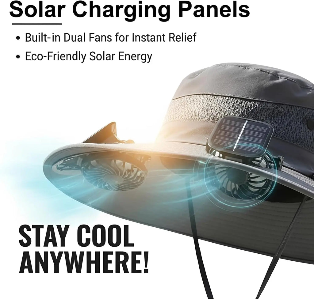 Hands Free Solar Fan Sun Hat UPF 50+ Wide Brim Breathable Windproof Adjustable Bucket Hat For Fishing Camping Hiking Beach Summer Safari Gardening