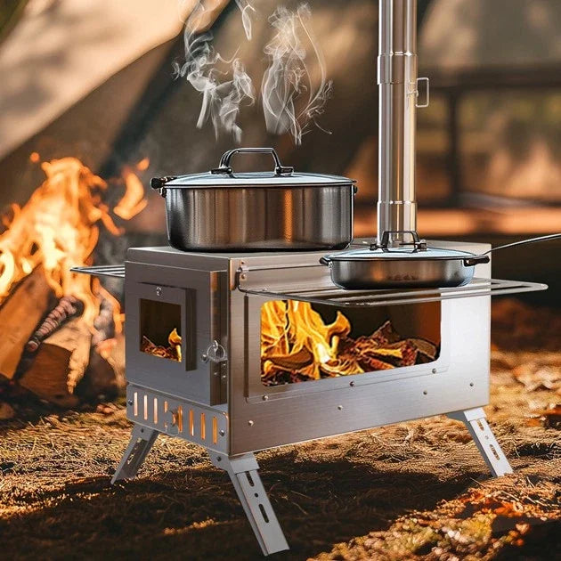 Portable Tent Wood Burning Stove with 6 Stainless Chimney Pipes for Outdoor Heating & Cooking