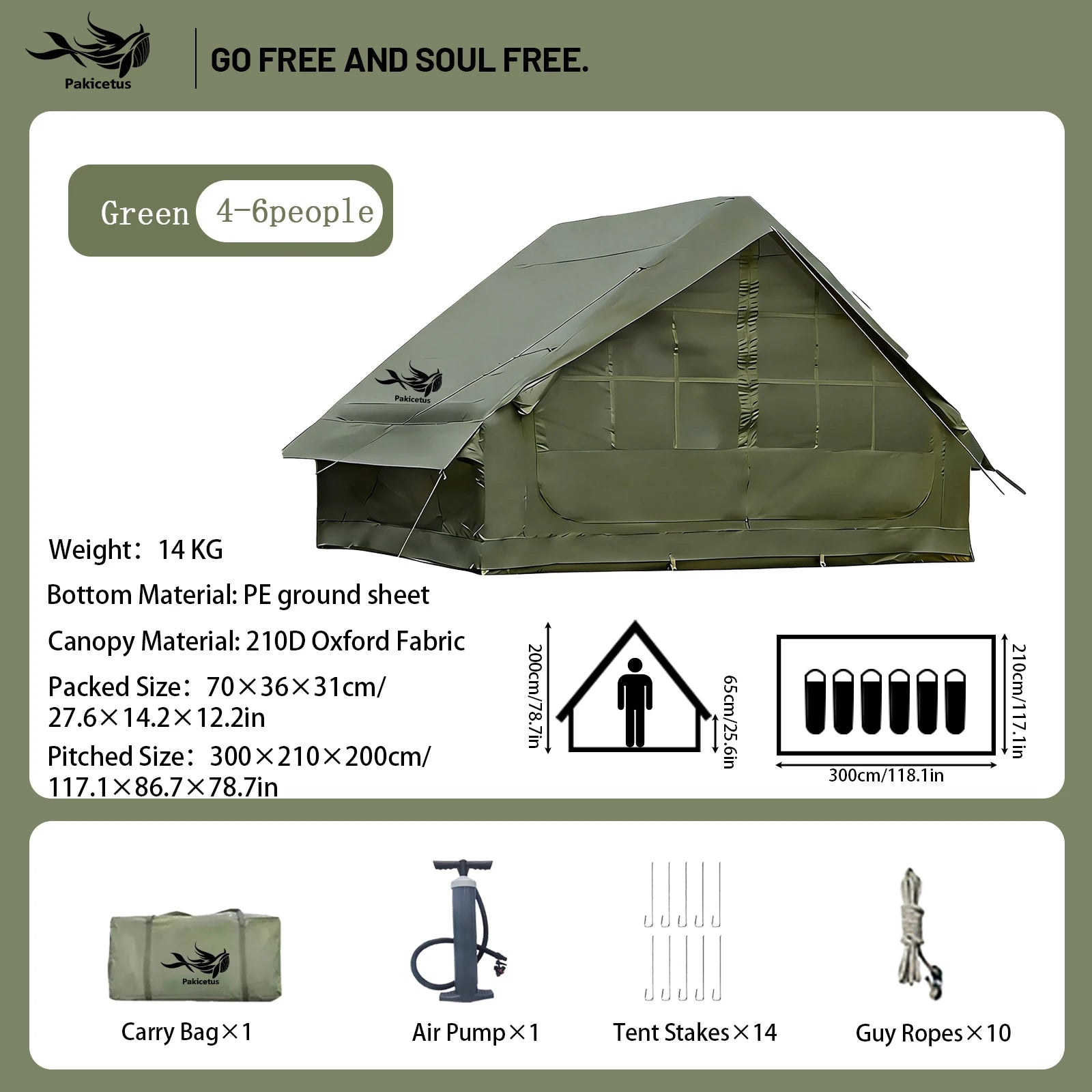 Pakicetus Quick Setup Inflatable Camping Tent, Waterproof Family Tent for 4-8 Portable Air Tent with Carry Bag