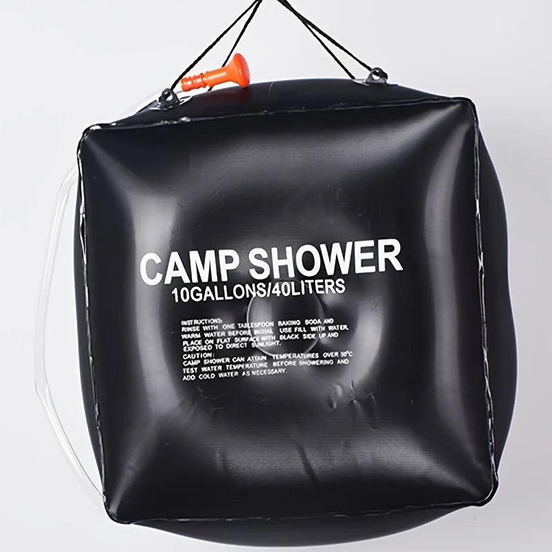 40L Camping Shower Bag. Portable outdoor water bag with large capacity and adjustable shower head, suitable for camping and hiki