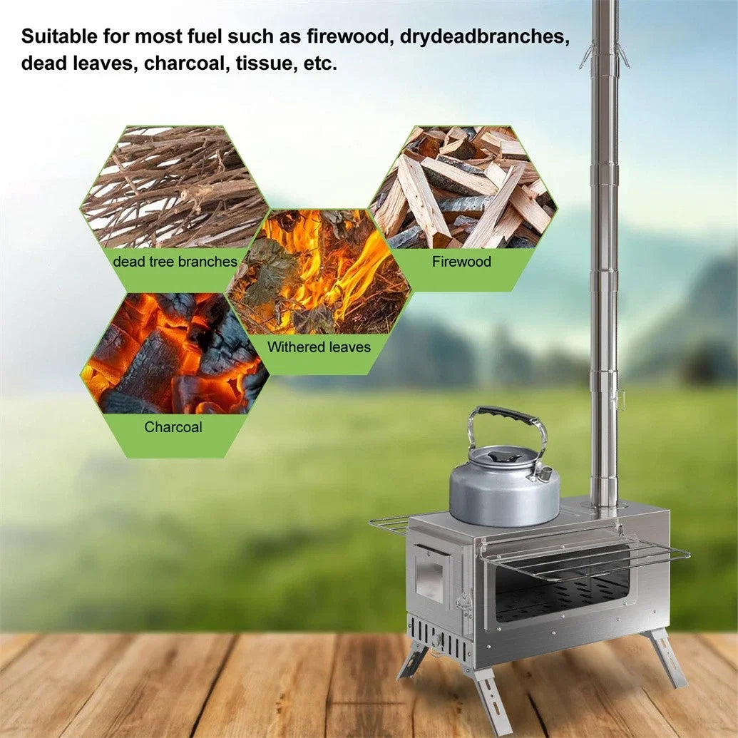 Portable Tent Wood Burning Stove with 6 Stainless Chimney Pipes for Outdoor Heating & Cooking