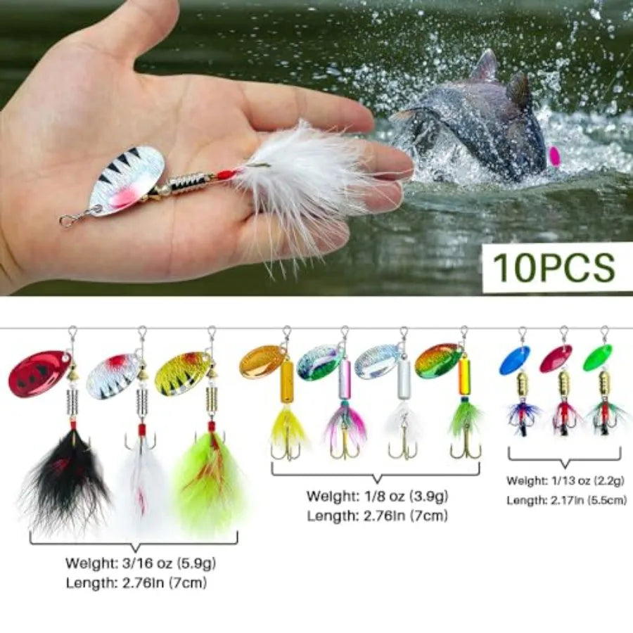 10pcs Spinner Lures Baits with Tackle Box, Bass Trout Salmon Hard Metal Rooster Tail Fishing Lures Kit