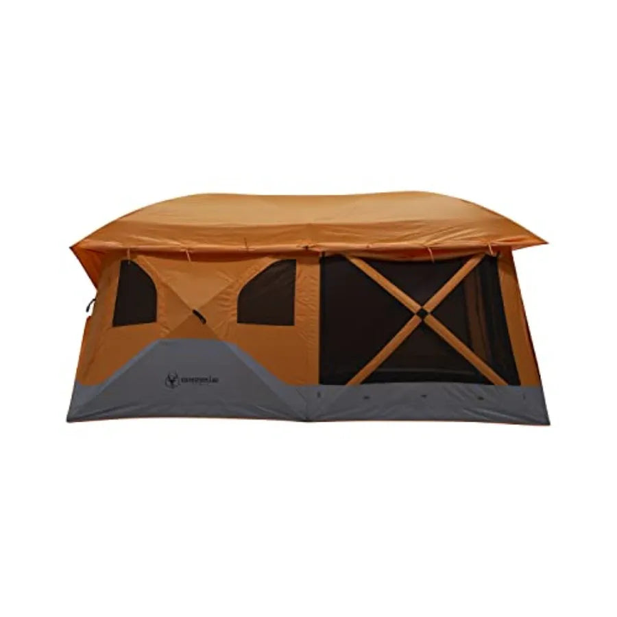Camping shelter for 4-8 persons, polyester fabric, orange, pop-up setup with rain fly and extended screened sun room