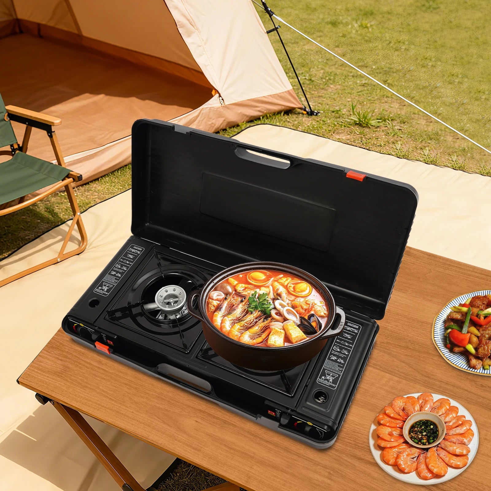 2in1 2-Burner Portable Camping Stove Kit w/Baking Pan Carrying Case, Auto Ignition LPG