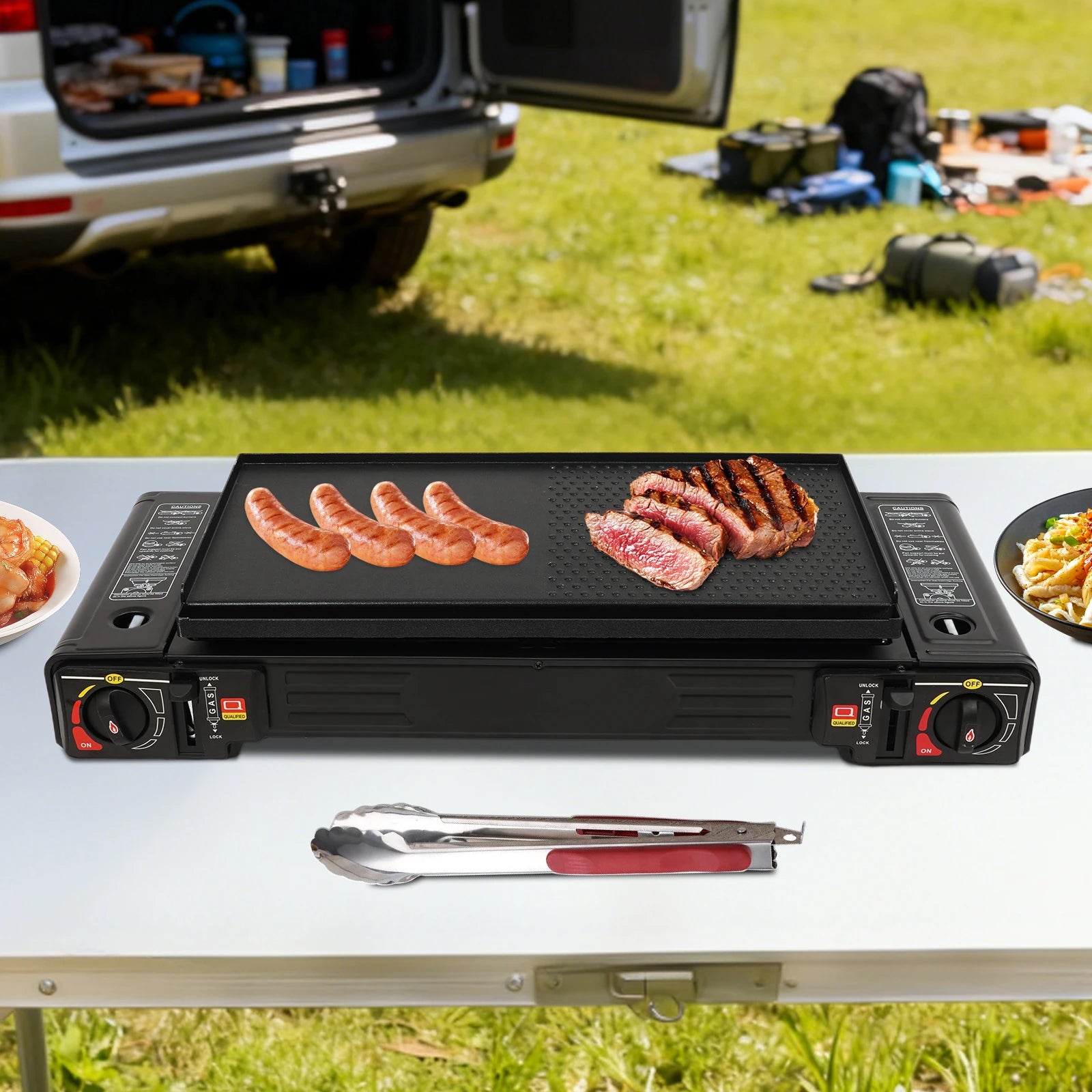 2in1 2-Burner Portable Camping Stove Kit w/Baking Pan Carrying Case, Auto Ignition LPG