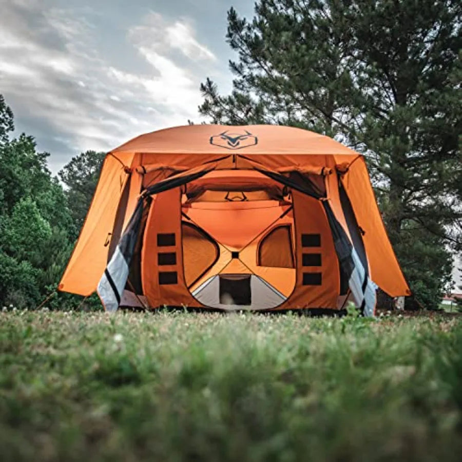 Camping shelter for 4-8 persons, polyester fabric, orange, pop-up setup with rain fly and extended screened sun room