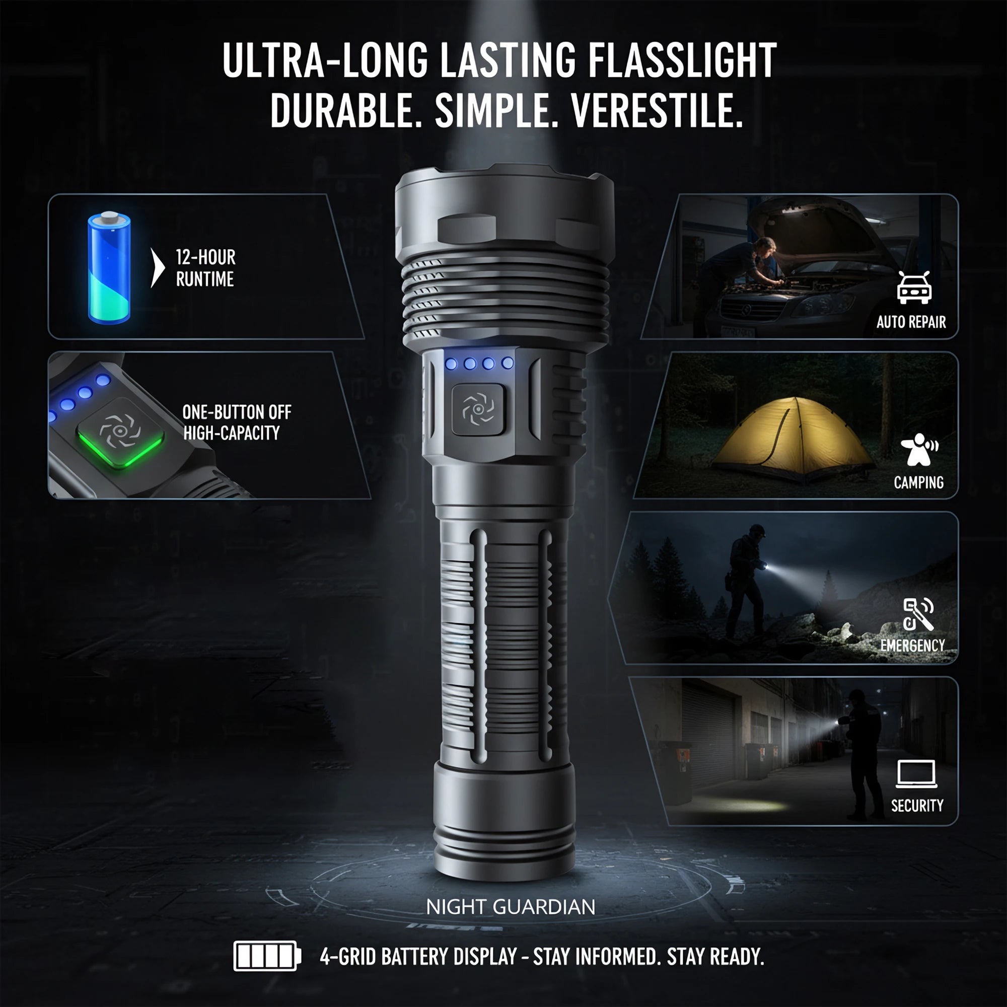 5000LM High Lumens Tactical Flashlight, 12H Runtime, Rechargeable, Battery Indicator for Camping, Emergency