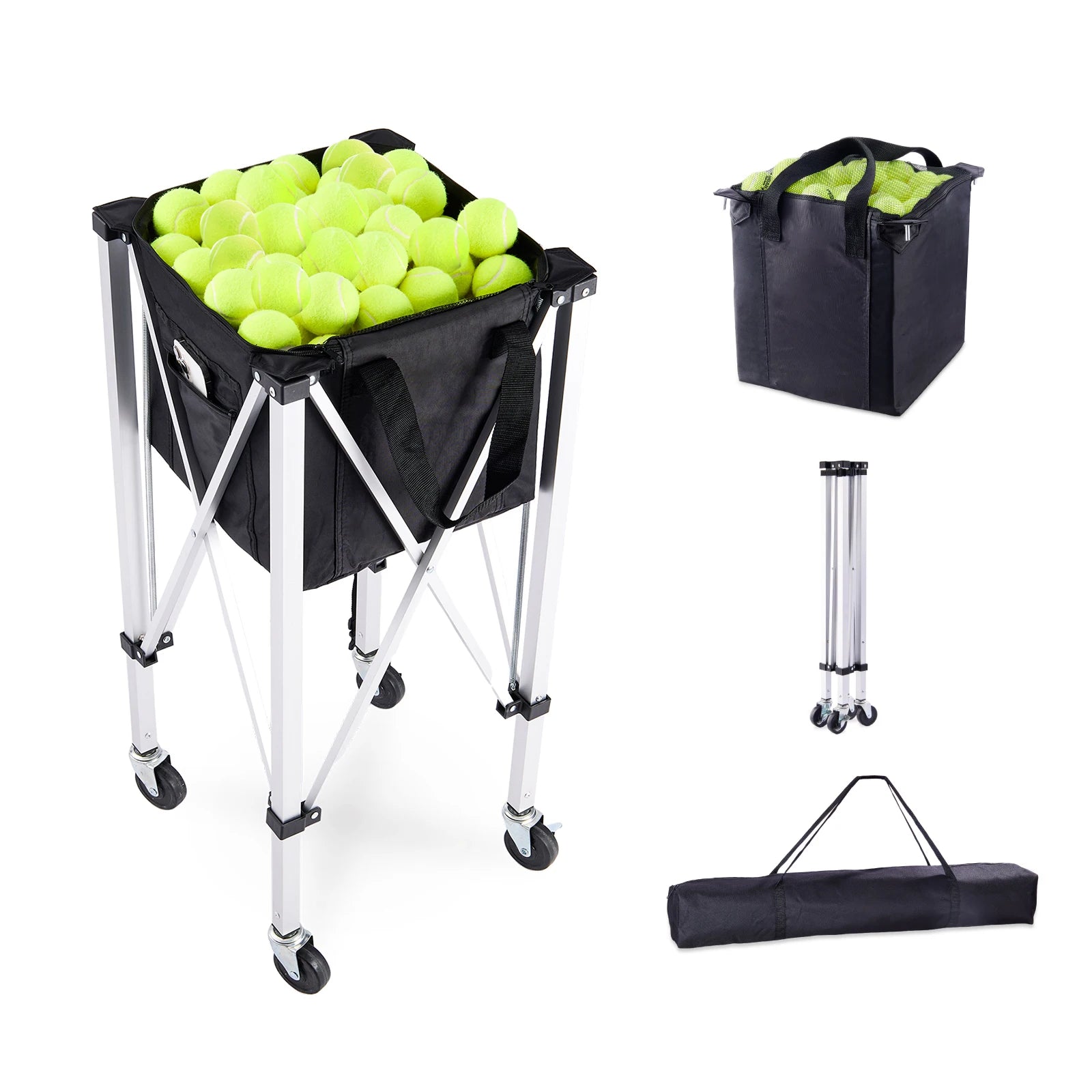 SucceBuy Foldable Tennis /Pickle Ball Cart Holds 150/180 Tennis Balls Basket Hopper with Wheels for Sports Teaching Baseball Trolley