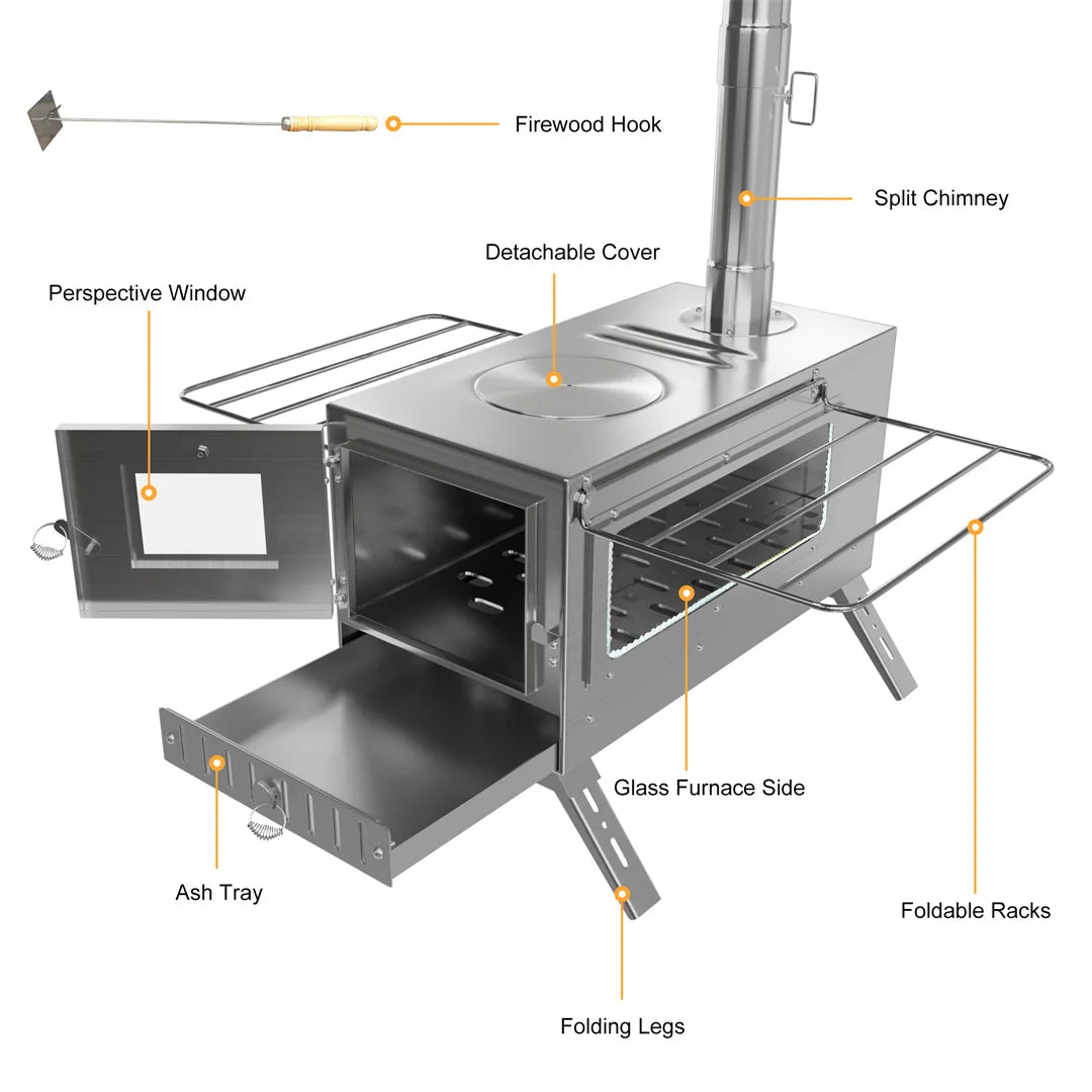Portable Tent Wood Burning Stove with 6 Stainless Chimney Pipes for Outdoor Heating & Cooking
