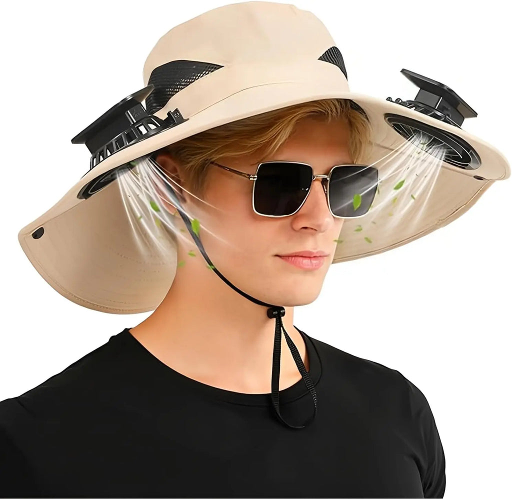 Hands Free Solar Fan Sun Hat UPF 50+ Wide Brim Breathable Windproof Adjustable Bucket Hat For Fishing Camping Hiking Beach Summer Safari Gardening