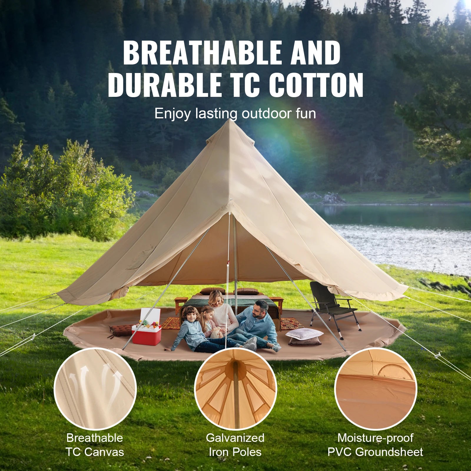 SucceBuy Canvas Bell Tent 4 Seasons 3/4/5/7m Yurt Tent Canvas Tent for Camping with Stove Breathable Tent Holds up to 8People