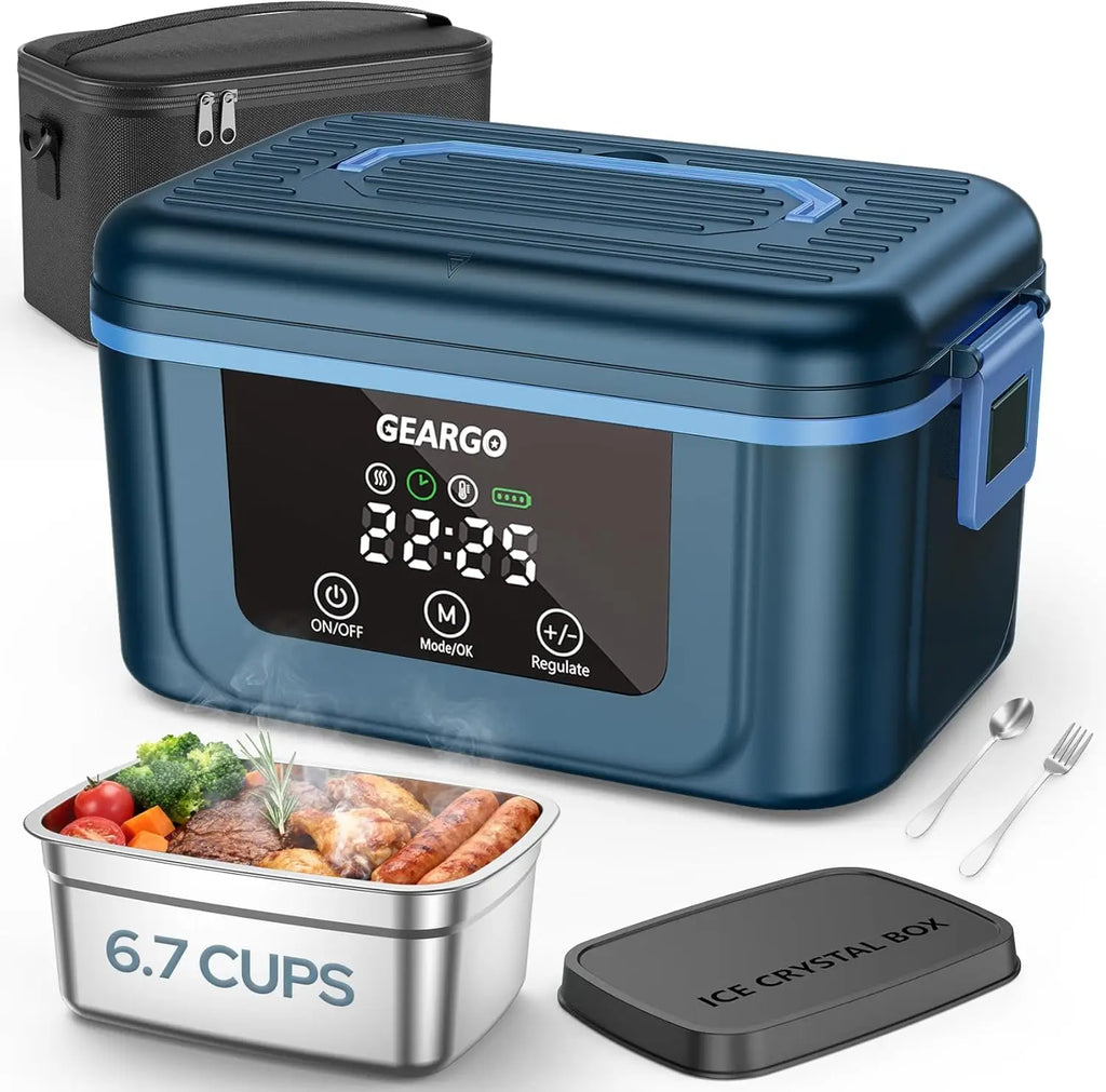 Cordless Electric Lunch Box,1.6L 24000mAh Rechargeable Heated Lunch Box with Ice Crystal Box,24 Hours Self Heating Lunchbox