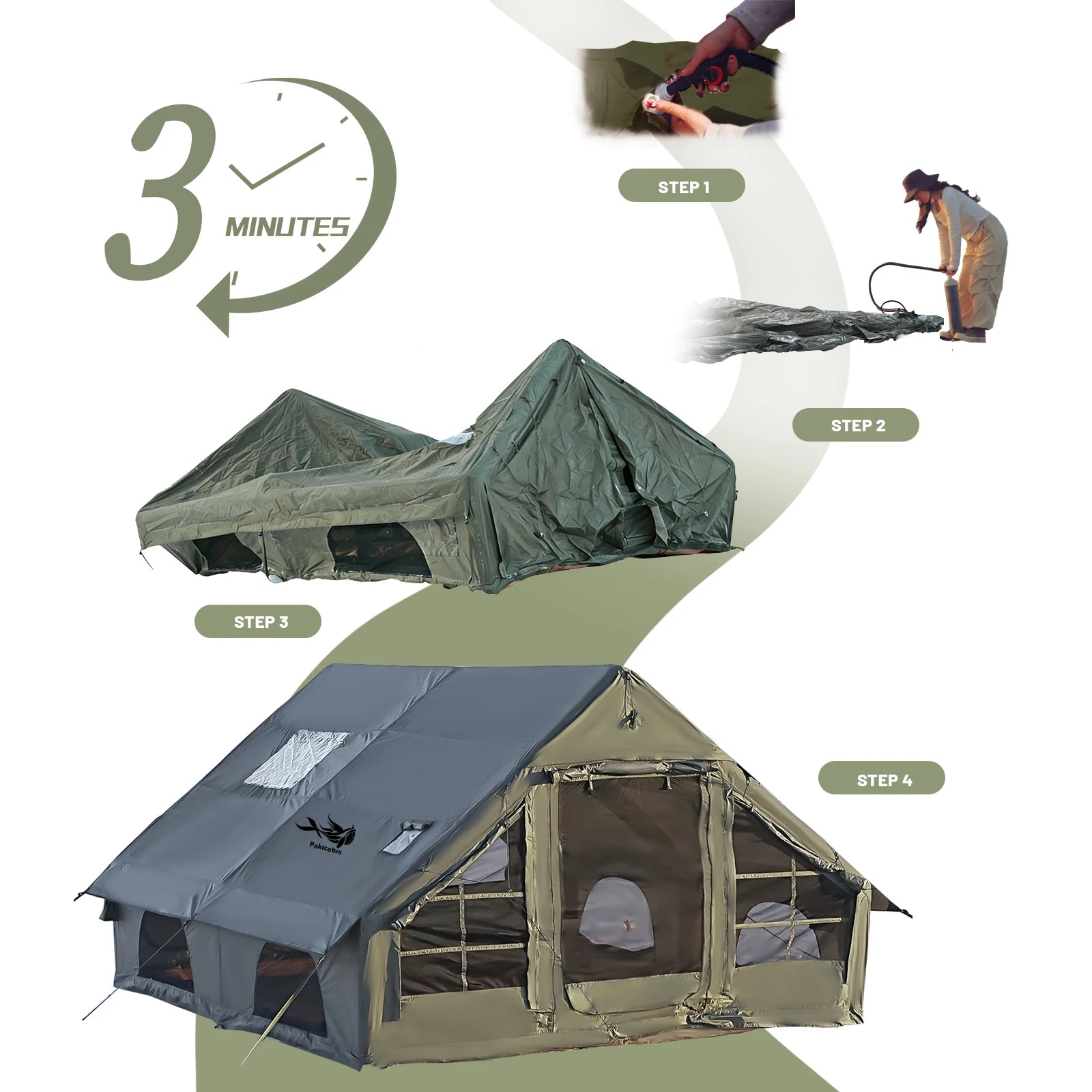 Pakicetus Quick Setup Inflatable Camping Tent, Waterproof Family Tent for 4-8 Portable Air Tent with Carry Bag