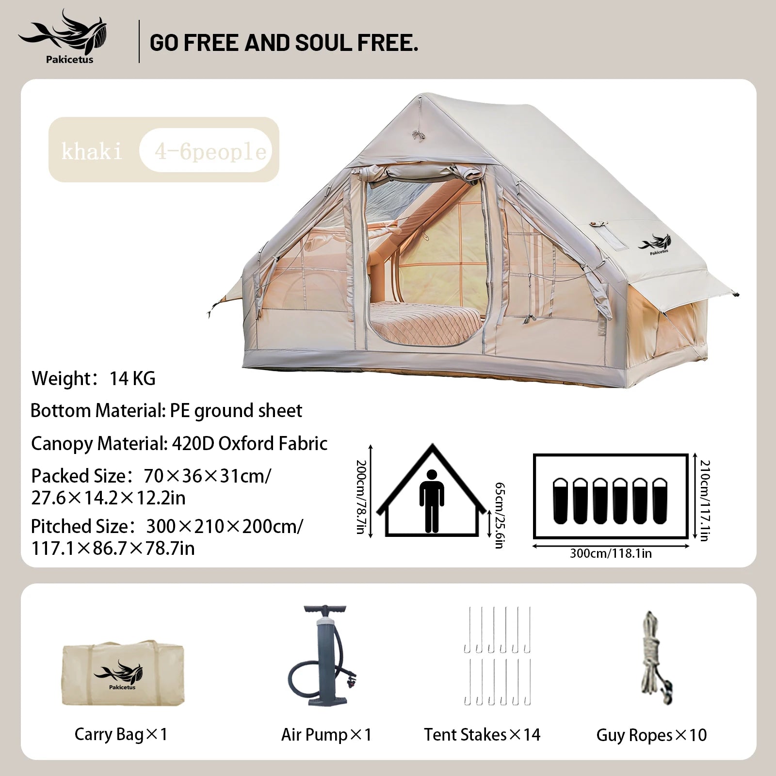 Pakicetus Quick Setup Inflatable Camping Tent, Waterproof Family Tent for 4-8 Portable Air Tent with Carry Bag