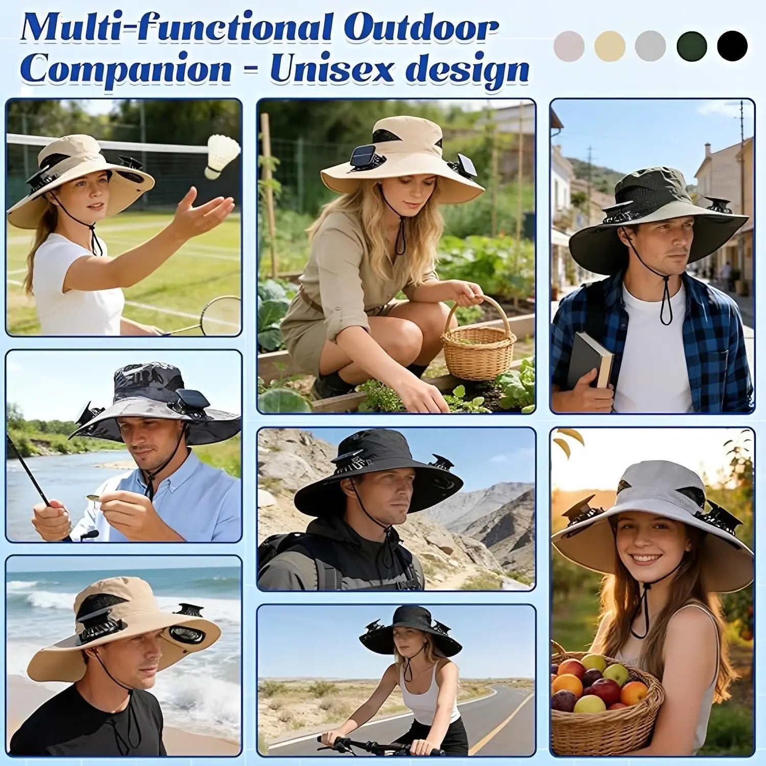 Hands Free Solar Fan Sun Hat UPF 50+ Wide Brim Breathable Windproof Adjustable Bucket Hat For Fishing Camping Hiking Beach Summer Safari Gardening