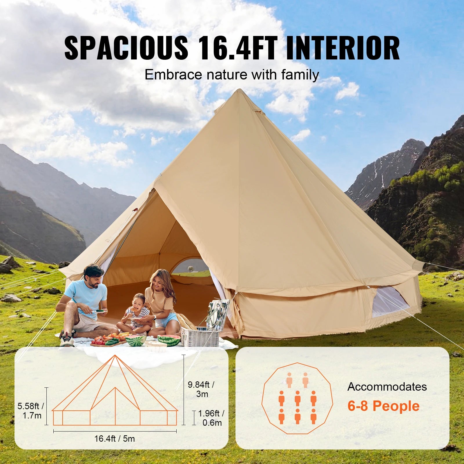 SucceBuy Canvas Bell Tent 4 Seasons 3/4/5/7m Yurt Tent Canvas Tent for Camping with Stove Breathable Tent Holds up to 8People