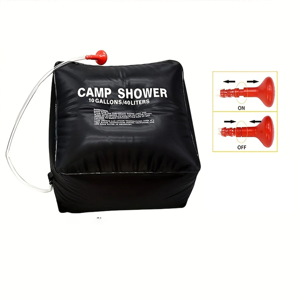 40L Camping Shower Bag. Portable outdoor water bag with large capacity and adjustable shower head, suitable for camping and hiki