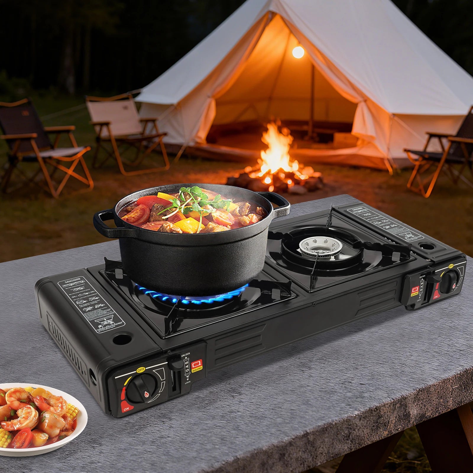 2in1 2-Burner Portable Camping Stove Kit w/Baking Pan Carrying Case, Auto Ignition LPG